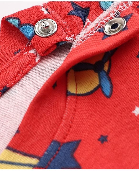 Babyhug 100% Cotton Interlock Knit Full Sleeves Co-Ords T-Shirt & Pyjama Night Suit with Airplane & Star Print - Red