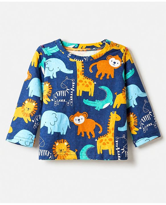 Babyhug Cotton Interlock Knit Full Sleeves Co-ord T-Shirt & Pajama Night Suit with Dinosaur Print - Navy Blue