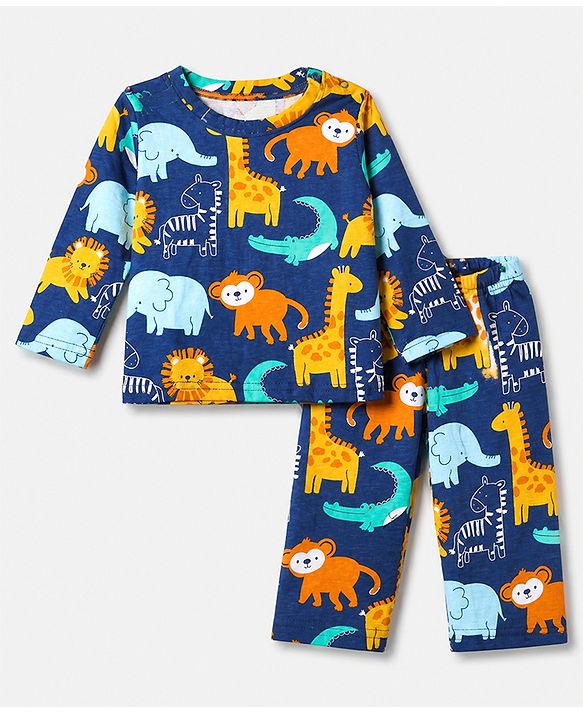 Babyhug Cotton Interlock Knit Full Sleeves Co-ord T-Shirt & Pajama Night Suit with Dinosaur Print - Navy Blue