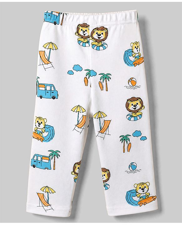 Babyhug Cotton Interlock Knit Full Sleeves Co-ord T-Shirt & Pajama Night Suit with Lion, Tiger, Vehicle & Beach Theme Print - White