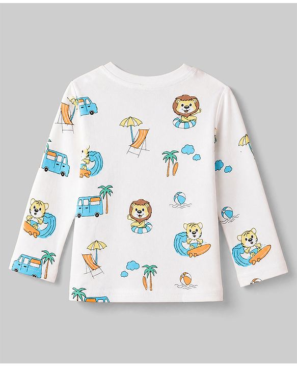 Babyhug Cotton Interlock Knit Full Sleeves Co-ord T-Shirt & Pajama Night Suit with Lion, Tiger, Vehicle & Beach Theme Print - White