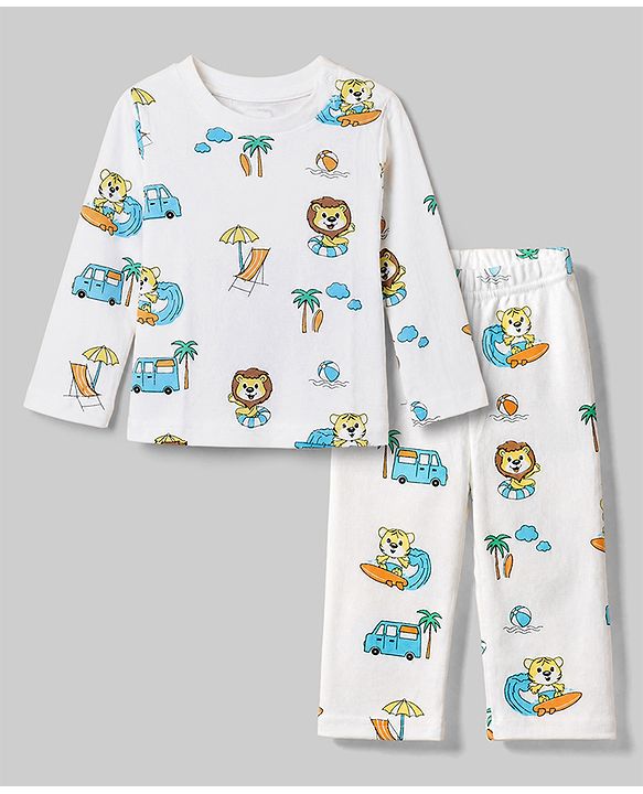 Babyhug Cotton Interlock Knit Full Sleeves Co-ord T-Shirt & Pajama Night Suit with Lion, Tiger, Vehicle & Beach Theme Print - White