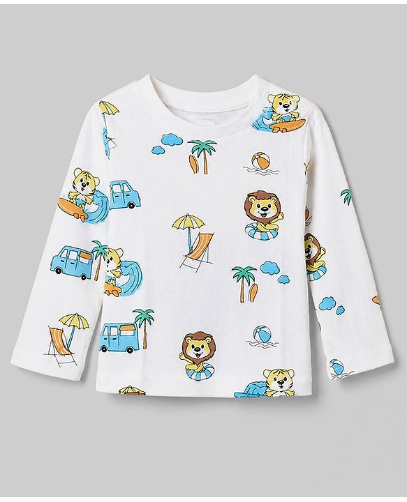 Babyhug Cotton Interlock Knit Full Sleeves Co-ord T-Shirt & Pajama Night Suit with Lion, Tiger, Vehicle & Beach Theme Print - White