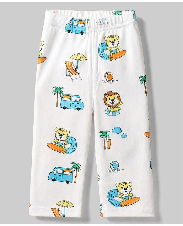 Babyhug Cotton Interlock Knit Full Sleeves Co-ord T-Shirt & Pajama Night Suit with Lion, Tiger, Vehicle & Beach Theme Print - White