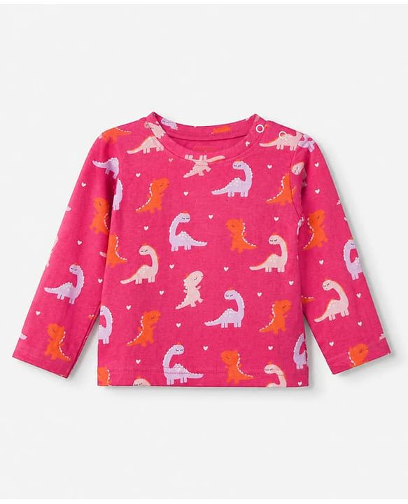 Babyhug Cotton Interlock Knit Full Sleeves Co-ord T-Shirt & Pajama Night Suit with Dinosaur & Heart Print - Maroon
