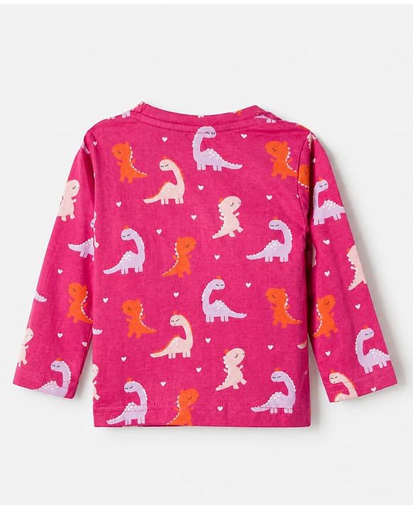 Babyhug Cotton Interlock Knit Full Sleeves Co-ord T-Shirt & Pajama Night Suit with Dinosaur & Heart Print - Maroon