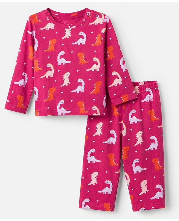 Babyhug Cotton Interlock Knit Full Sleeves Co-ord T-Shirt & Pajama Night Suit with Dinosaur & Heart Print - Maroon