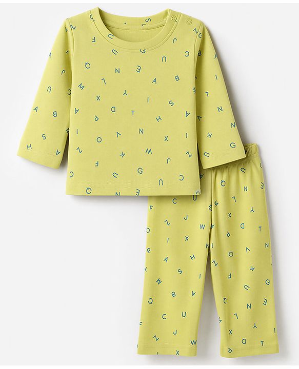 Babyhug 100% Cotton Interlock Knit Full Sleeves Co-Ords T-Shirt & Pyjama Night Suit with Alphabet Print -Oilve Green