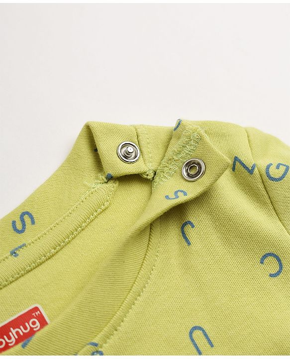 Babyhug 100% Cotton Interlock Knit Full Sleeves Co-Ords T-Shirt & Pyjama Night Suit with Alphabet Print -Oilve Green