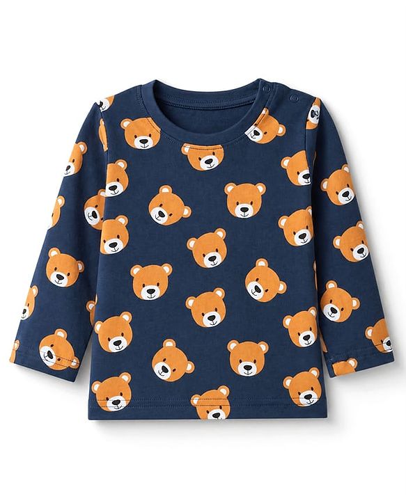 Babyhug 100% Cotton Knit Full Sleeves Co-Ords T-Shirt & Pyjama Night Suit with bear Print - Navy Blue