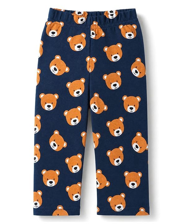 Babyhug 100% Cotton Knit Full Sleeves Co-Ords T-Shirt & Pyjama Night Suit with bear Print - Navy Blue