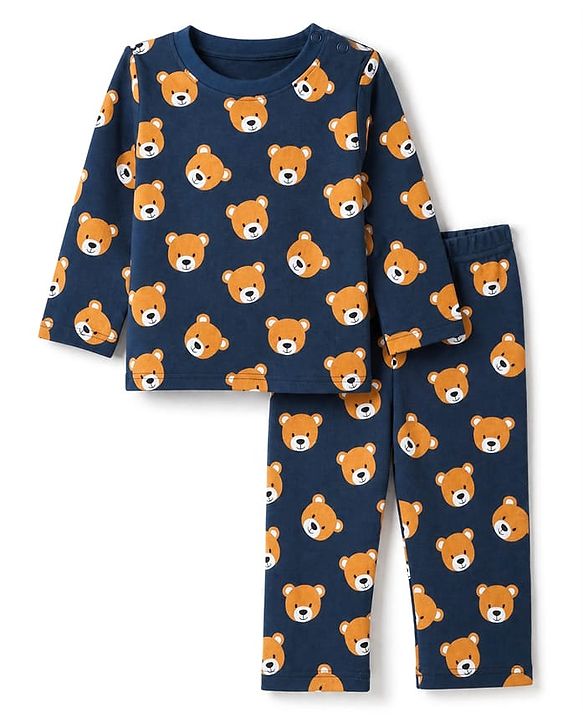 Babyhug 100% Cotton Knit Full Sleeves Co-Ords T-Shirt & Pyjama Night Suit with bear Print - Navy Blue