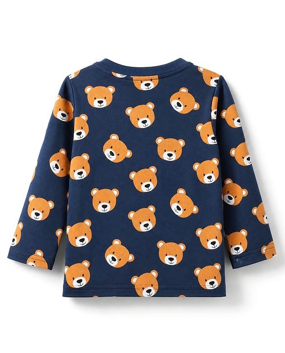 Babyhug 100% Cotton Knit Full Sleeves Co-Ords T-Shirt & Pyjama Night Suit with bear Print - Navy Blue