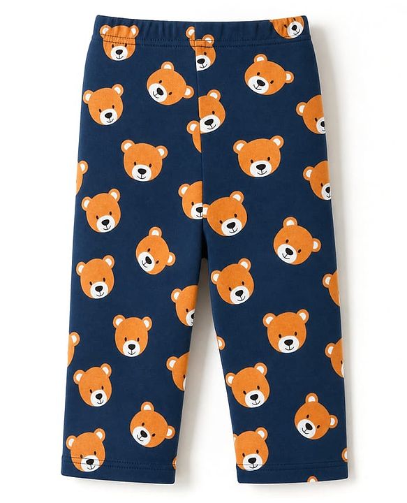 Babyhug 100% Cotton Knit Full Sleeves Co-Ords T-Shirt & Pyjama Night Suit with bear Print - Navy Blue