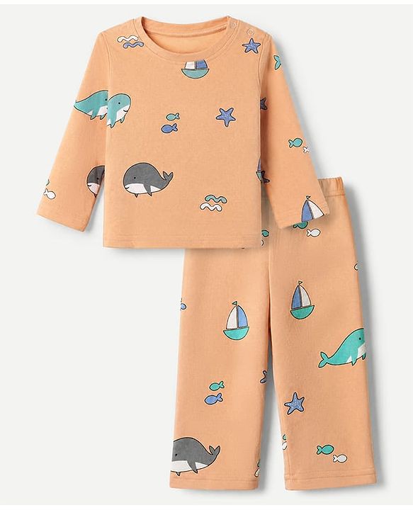 Babyhug Cotton Interlock Knit Full Sleeves Co-Ord T-Shirt And Pyjama Night Suit With Sea life Print - Orange