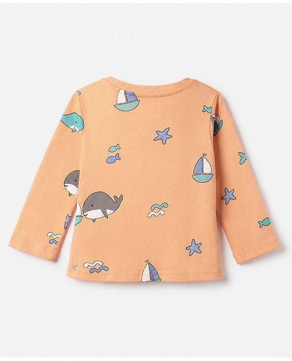 Babyhug Cotton Interlock Knit Full Sleeves Co-Ord T-Shirt And Pyjama Night Suit With Sea life Print - Orange