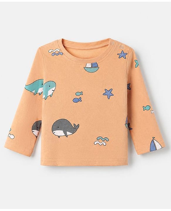 Babyhug Cotton Interlock Knit Full Sleeves Co-Ord T-Shirt And Pyjama Night Suit With Sea life Print - Orange
