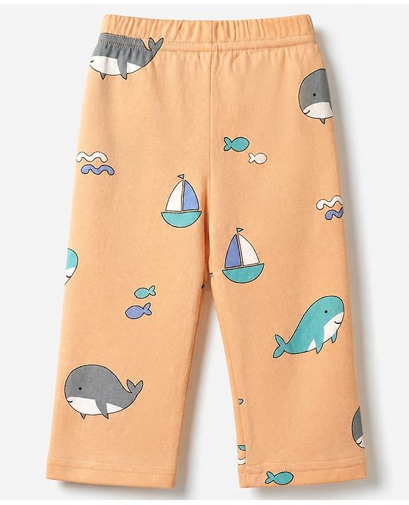 Babyhug Cotton Interlock Knit Full Sleeves Co-Ord T-Shirt And Pyjama Night Suit With Sea life Print - Orange