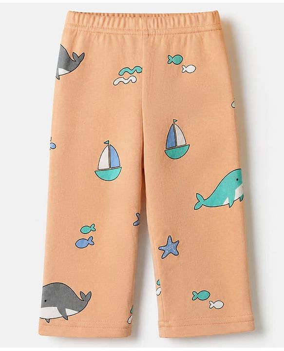 Babyhug Cotton Interlock Knit Full Sleeves Co-Ord T-Shirt And Pyjama Night Suit With Sea life Print - Orange