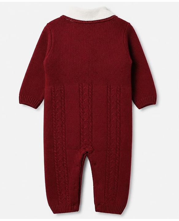 Babyhug Knit Winter Romper and Cap with Full Sleeves - Maroon