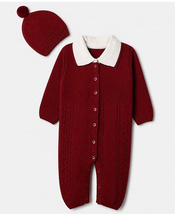 Babyhug Knit Winter Romper and Cap with Full Sleeves - Maroon
