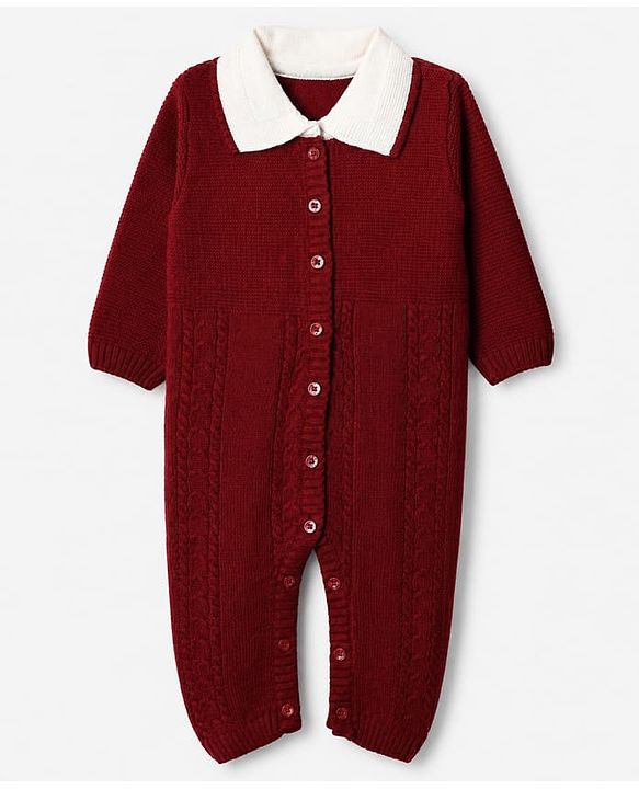 Babyhug Knit Winter Romper and Cap with Full Sleeves - Maroon