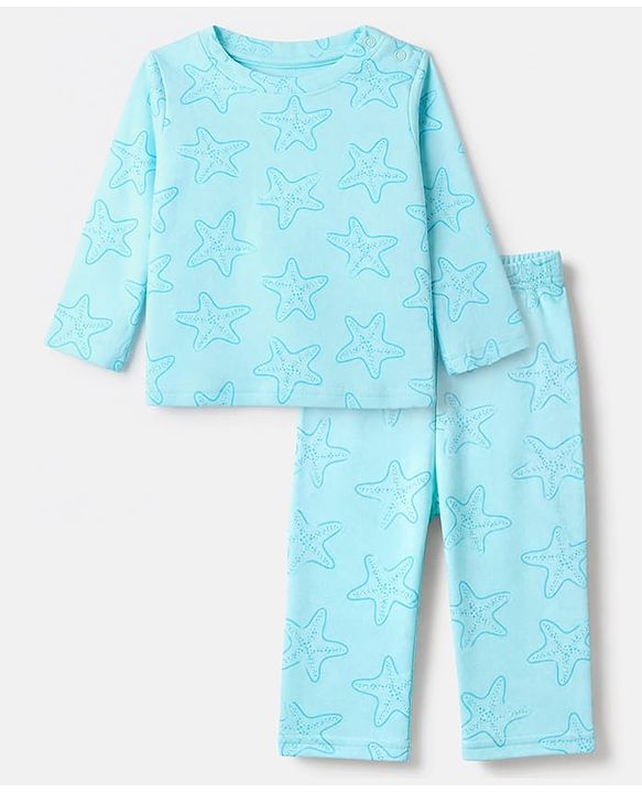 Babyhug Cotton Interlock Knit Full Sleeves Co-Ord T-Shirt And Pyjama Night Suit With Star Print - Blue