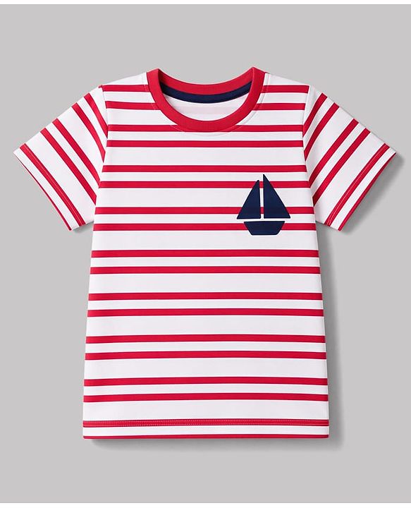 Babyhug 100% Cotton Knit Half Sleeves T-Shirts with Striped & Boat Print Pack of 3 - Red White & Blue