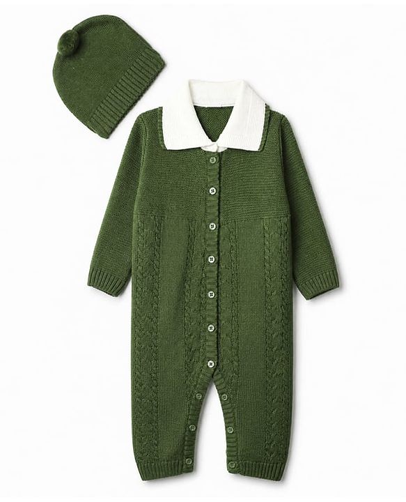 Babyhug Knit Winter Romper and Cap with Full Sleeves - Olive Green