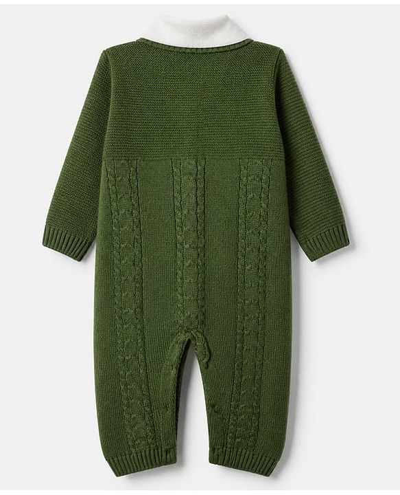 Babyhug Knit Winter Romper and Cap with Full Sleeves - Olive Green