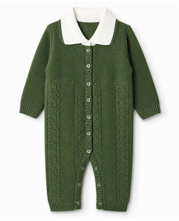 Babyhug Knit Winter Romper and Cap with Full Sleeves - Olive Green