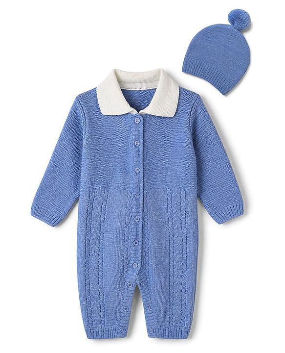 Babyhug Knit Winter Romper and Cap with Full Sleeves - Olive Green