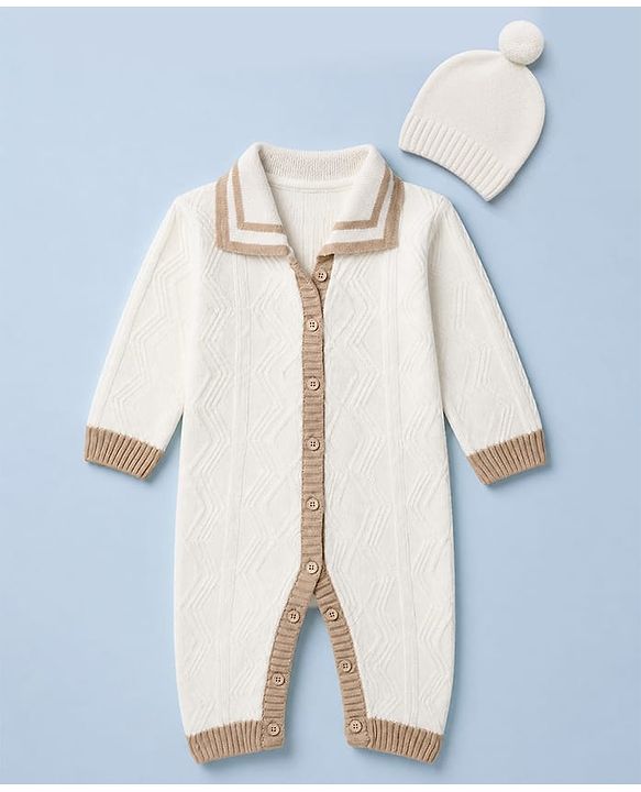 Babyhug Knit Front Open Collared Romper and Cap with Full Sleeves with Cable Knit - Cream