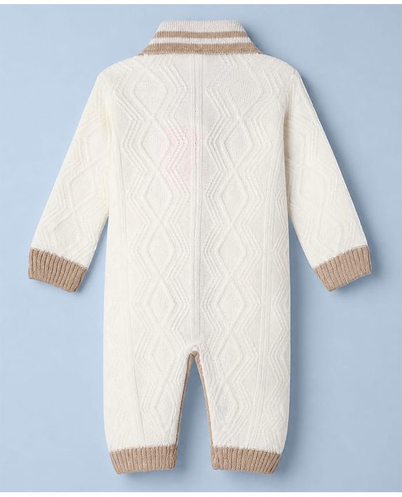 Babyhug Knit Front Open Collared Romper and Cap with Full Sleeves with Cable Knit - Cream