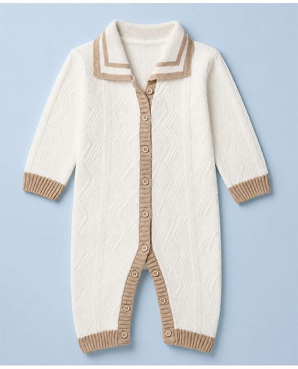 Babyhug Knit Front Open Collared Romper and Cap with Full Sleeves with Cable Knit - Cream