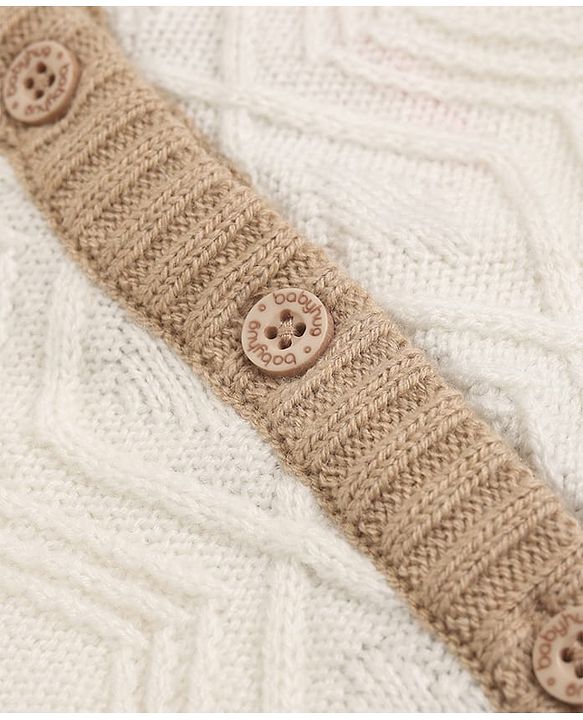 Babyhug Knit Front Open Collared Romper and Cap with Full Sleeves with Cable Knit - Cream
