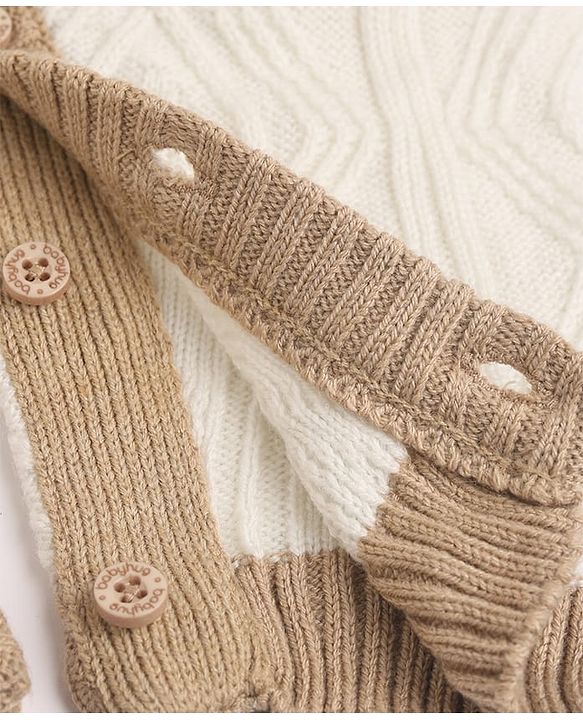 Babyhug Knit Front Open Collared Romper and Cap with Full Sleeves with Cable Knit - Cream