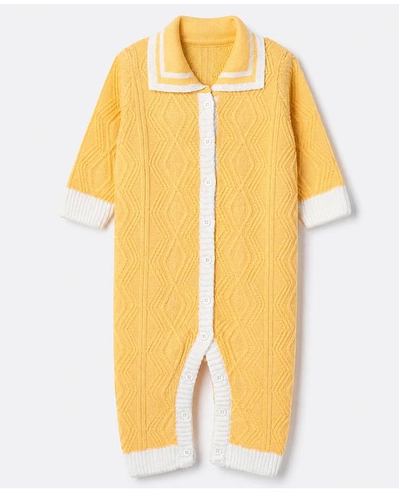Babyhug Knit Front Open Collared Romper and Cap with Full Sleeves with Cable Knit - Cream