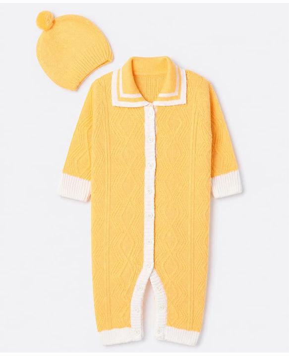Babyhug Knit Front Open Collared Romper and Cap with Full Sleeves with Cable Knit - Cream