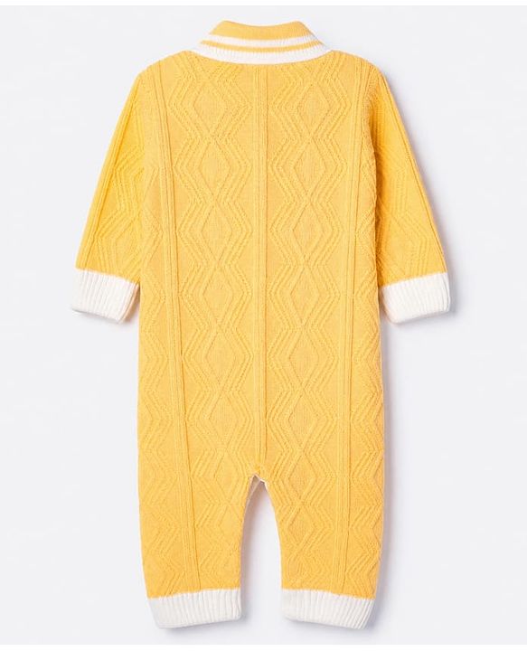 Babyhug Knit Front Open Collared Romper and Cap with Full Sleeves with Cable Knit - Cream