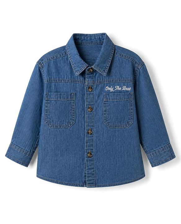 Babyhug 100% Cotton Woven Denim Washed Shirt with Full Sleeves and Only The Best Embroidery - Blue