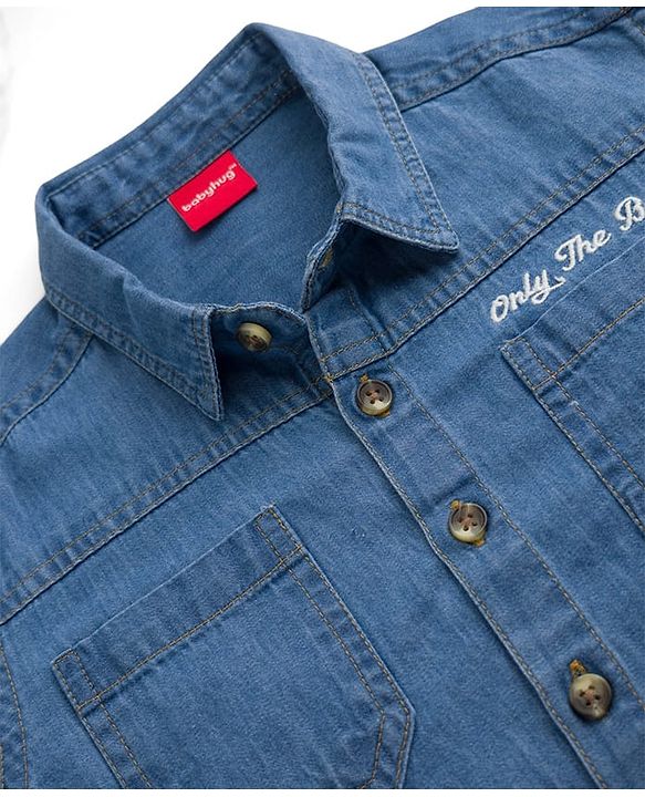 Babyhug 100% Cotton Woven Denim Washed Shirt with Full Sleeves and Only The Best Embroidery - Blue