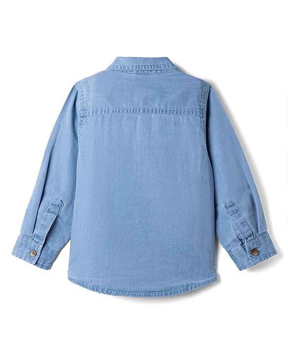 Babyhug Cotton Woven Washed Full Sleeves Denim Shirt with Bear Patch - Blue