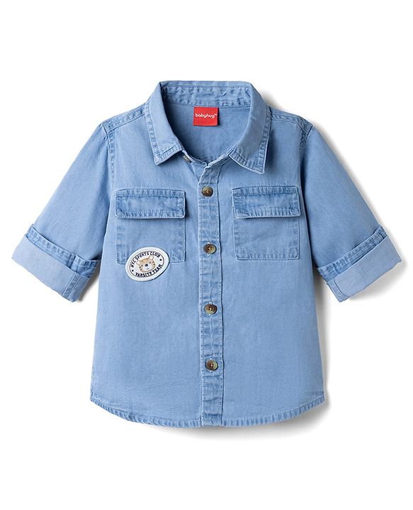 Babyhug Cotton Woven Washed Full Sleeves Denim Shirt with Bear Patch - Blue