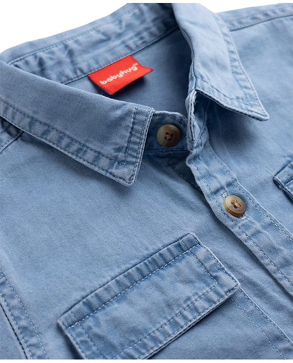 Babyhug Cotton Woven Washed Full Sleeves Denim Shirt with Bear Patch - Blue