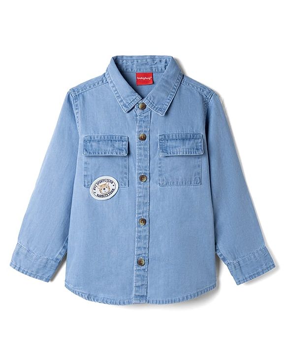 Babyhug Cotton Woven Washed Full Sleeves Denim Shirt with Bear Patch - Blue