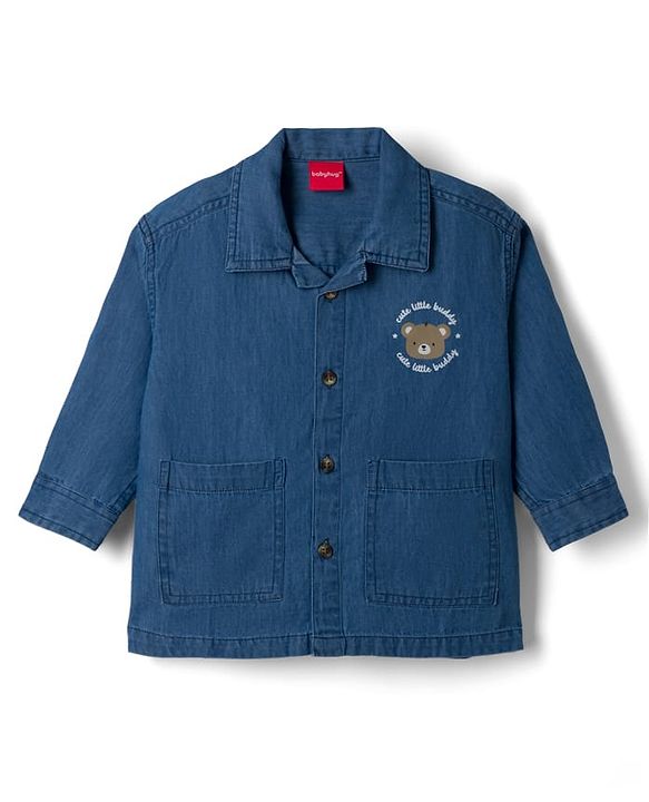 Babyhug 100% Cotton Woven Denim Shirt with Full Sleeves and Bear Print - Blue