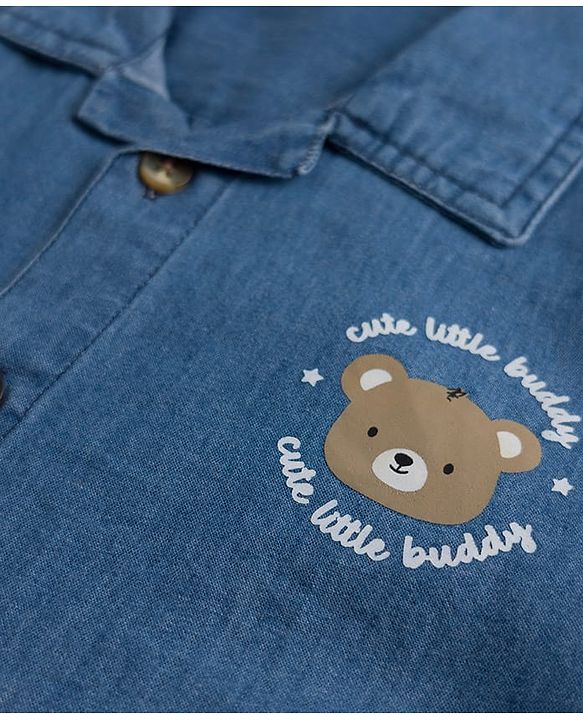 Babyhug 100% Cotton Woven Denim Shirt with Full Sleeves and Bear Print - Blue