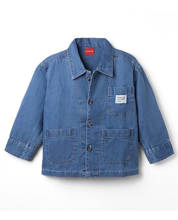 Babyhug 100% Cotton Denim Full Sleeves Washed Shirt With Baseball Is My Place Text Patch - Blue