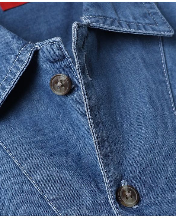 Babyhug 100% Cotton Denim Full Sleeves Washed Shirt With Baseball Is My Place Text Patch - Blue
